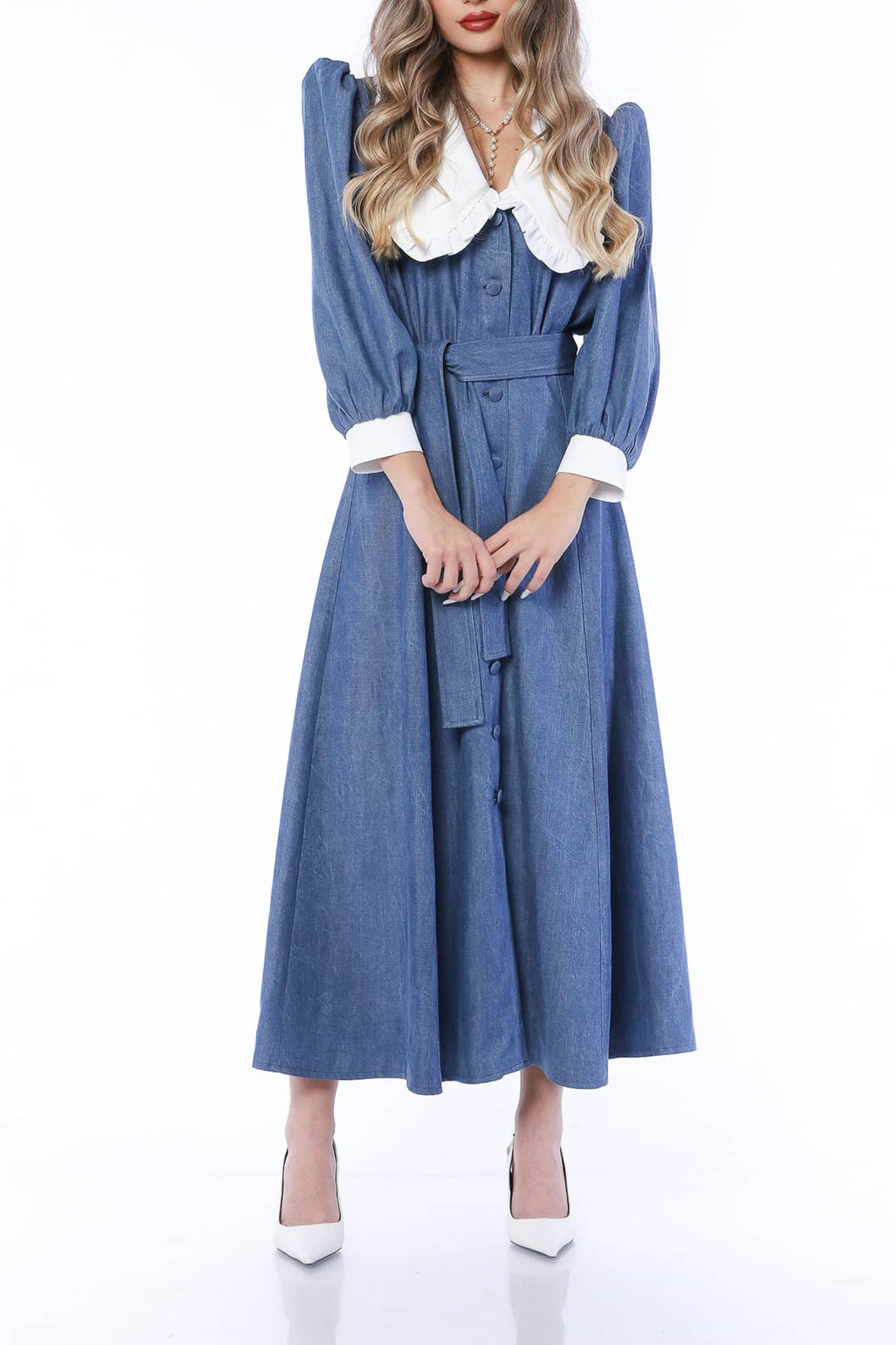 YVN MINI DRESS VIVID DENIM WITH VICTORIAN COLLAR - Fashion Roots