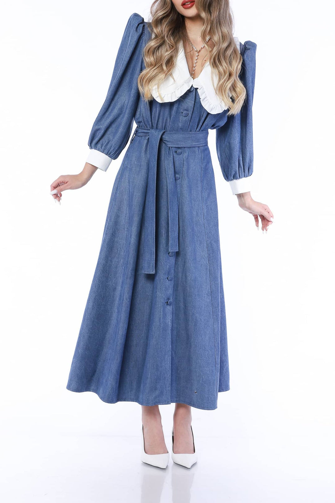 YVN MINI DRESS VIVID DENIM WITH VICTORIAN COLLAR - Fashion Roots