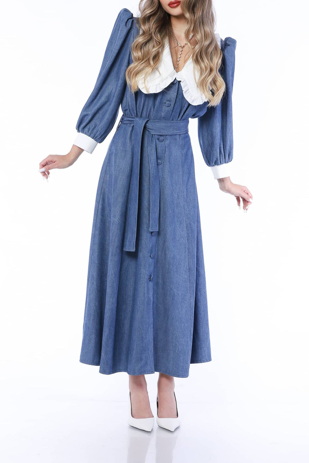 YVN MINI DRESS VIVID DENIM WITH VICTORIAN COLLAR - Fashion Roots