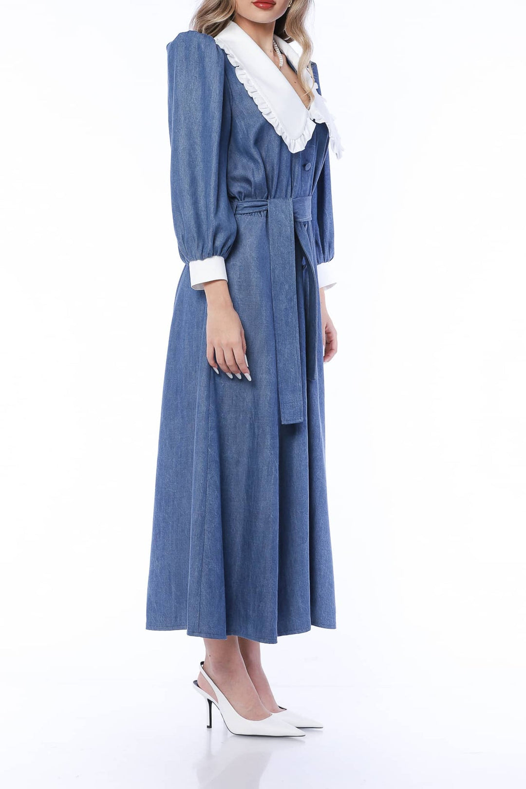 YVN MINI DRESS VIVID DENIM WITH VICTORIAN COLLAR - Fashion Roots