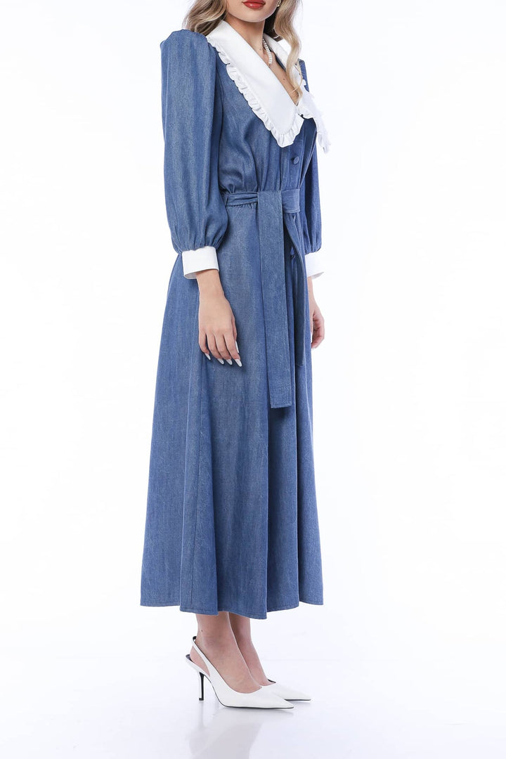 YVN MINI DRESS VIVID DENIM WITH VICTORIAN COLLAR - Fashion Roots