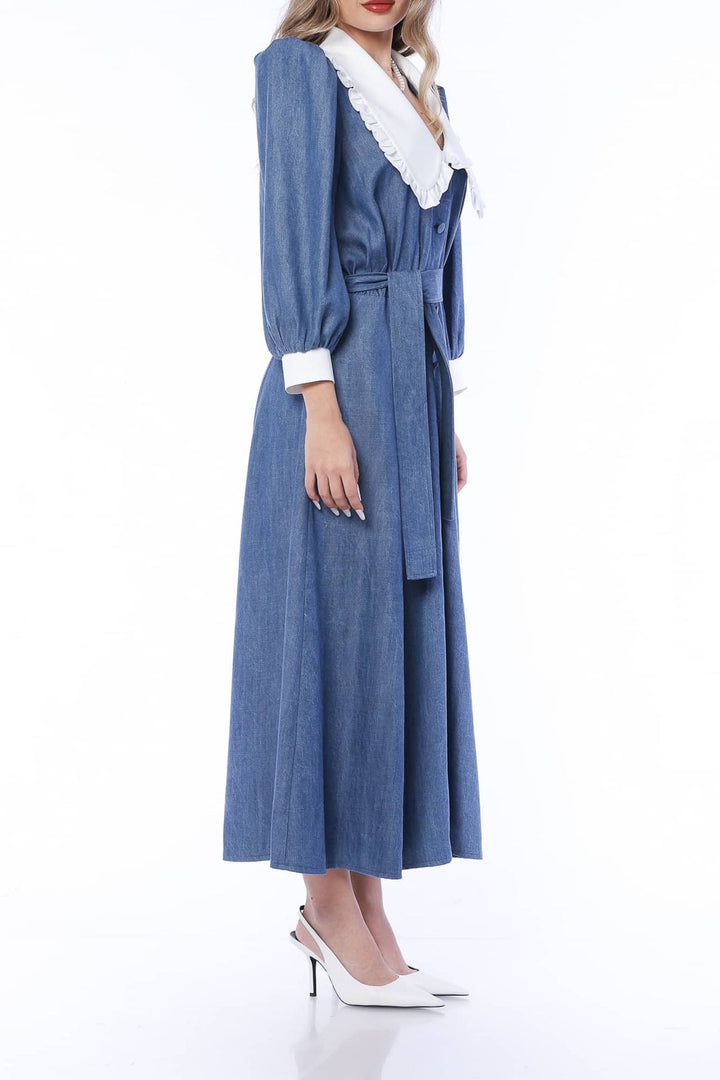 YVN MINI DRESS VIVID DENIM WITH VICTORIAN COLLAR - Fashion Roots