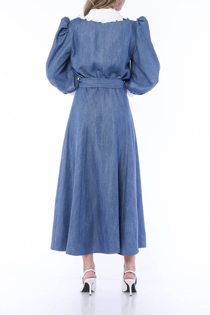 YVN MINI DRESS VIVID DENIM WITH VICTORIAN COLLAR - Fashion Roots