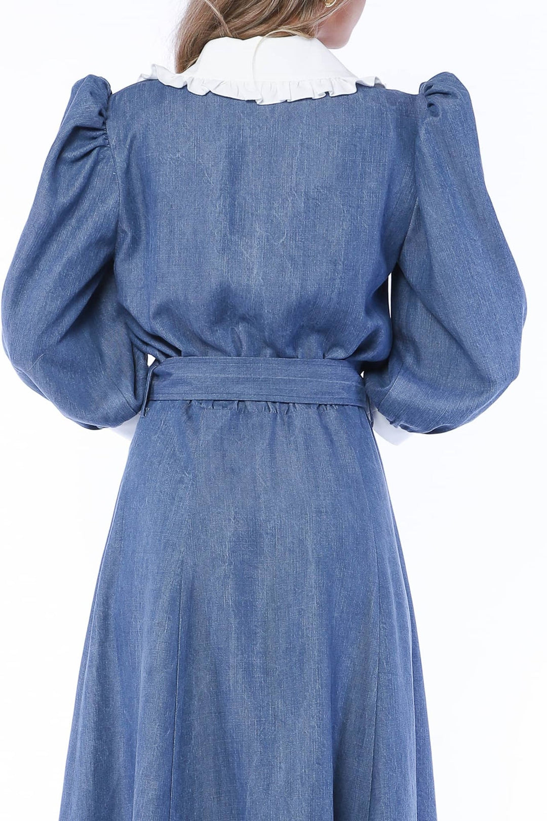YVN MINI DRESS VIVID DENIM WITH VICTORIAN COLLAR - Fashion Roots