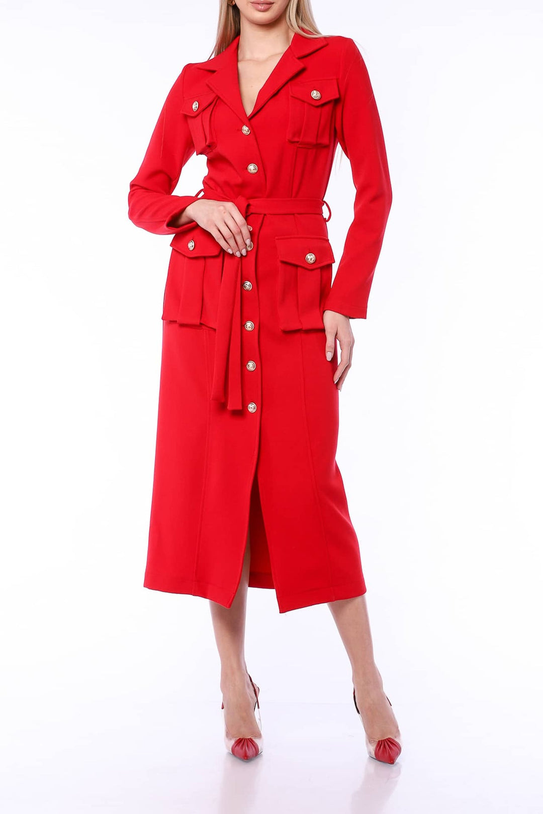 YVN RED GLAMOUR TRENCH COAT DRESS - Fashion Roots