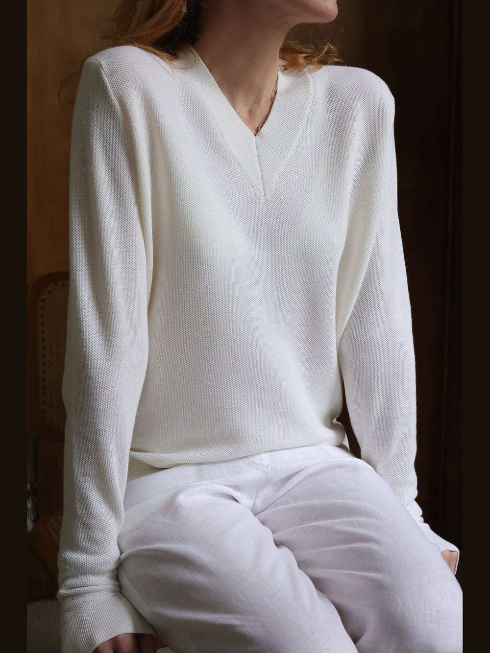 GENE - Ivory Frame V-Neck Sweater - Fashion Roots